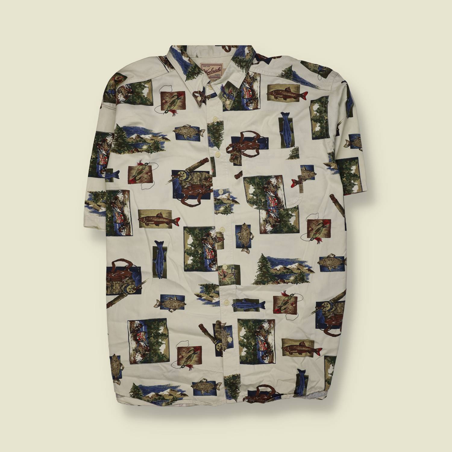 1990s | Woolrich | Fishing Print Short Sleeve Shirt – Off White - XXXXXXL