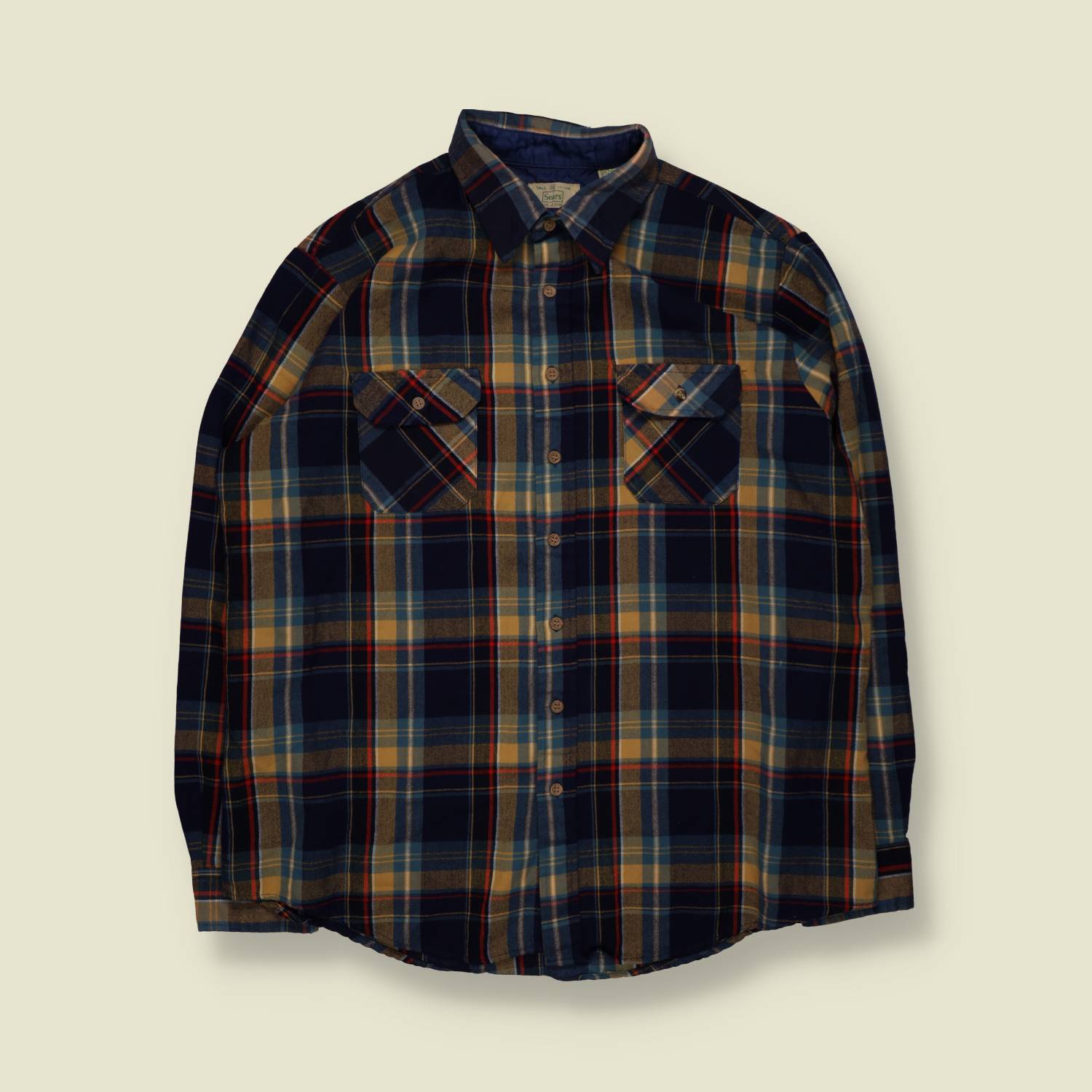 1980s | Sears | Flannel Shirt | Blue And Tan Plaid – XXXL