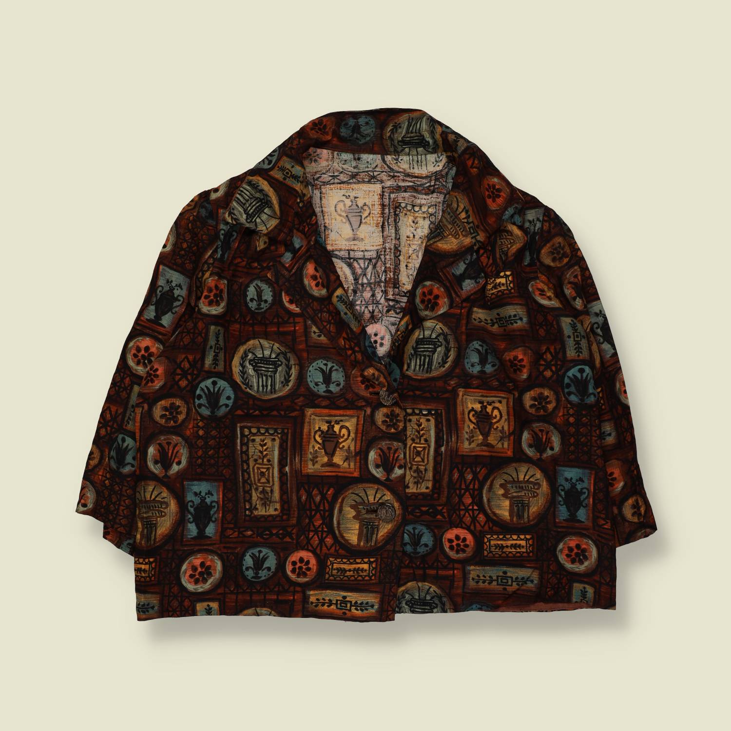 1950s | Printed Blouse | Abstract Motif | Brown – 20