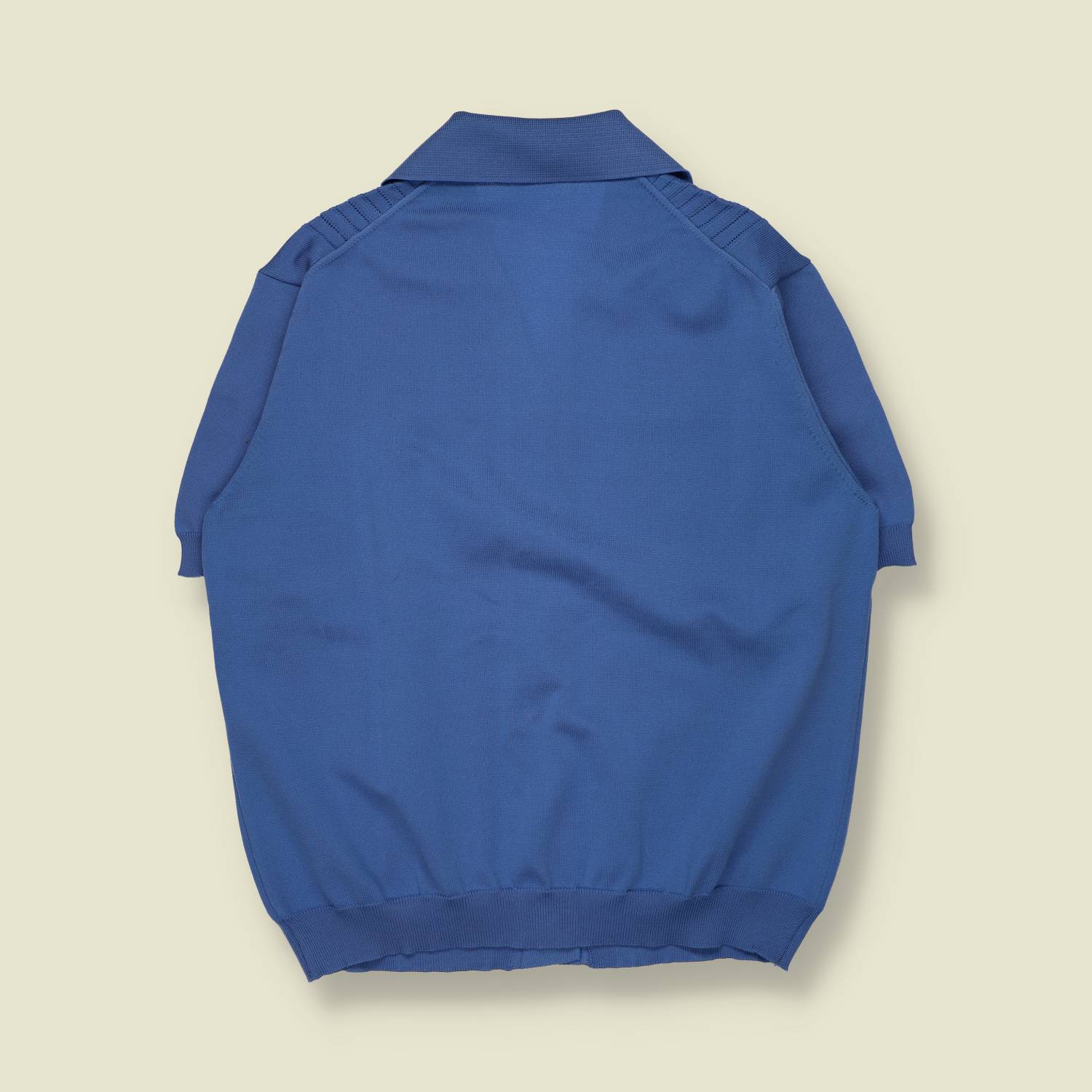 1970s | Crimplene | Short Sleeve Knit Cardigan | Blue – 14