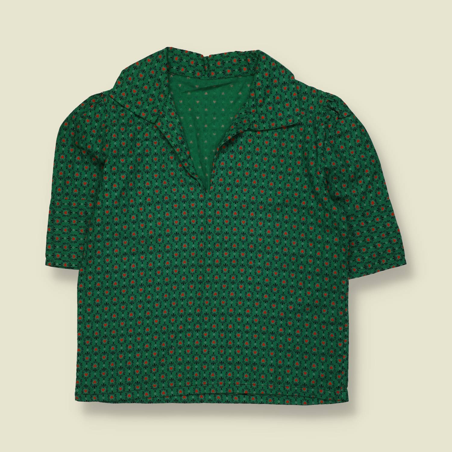 1950s | Printed Blouse | Green & Red - 12