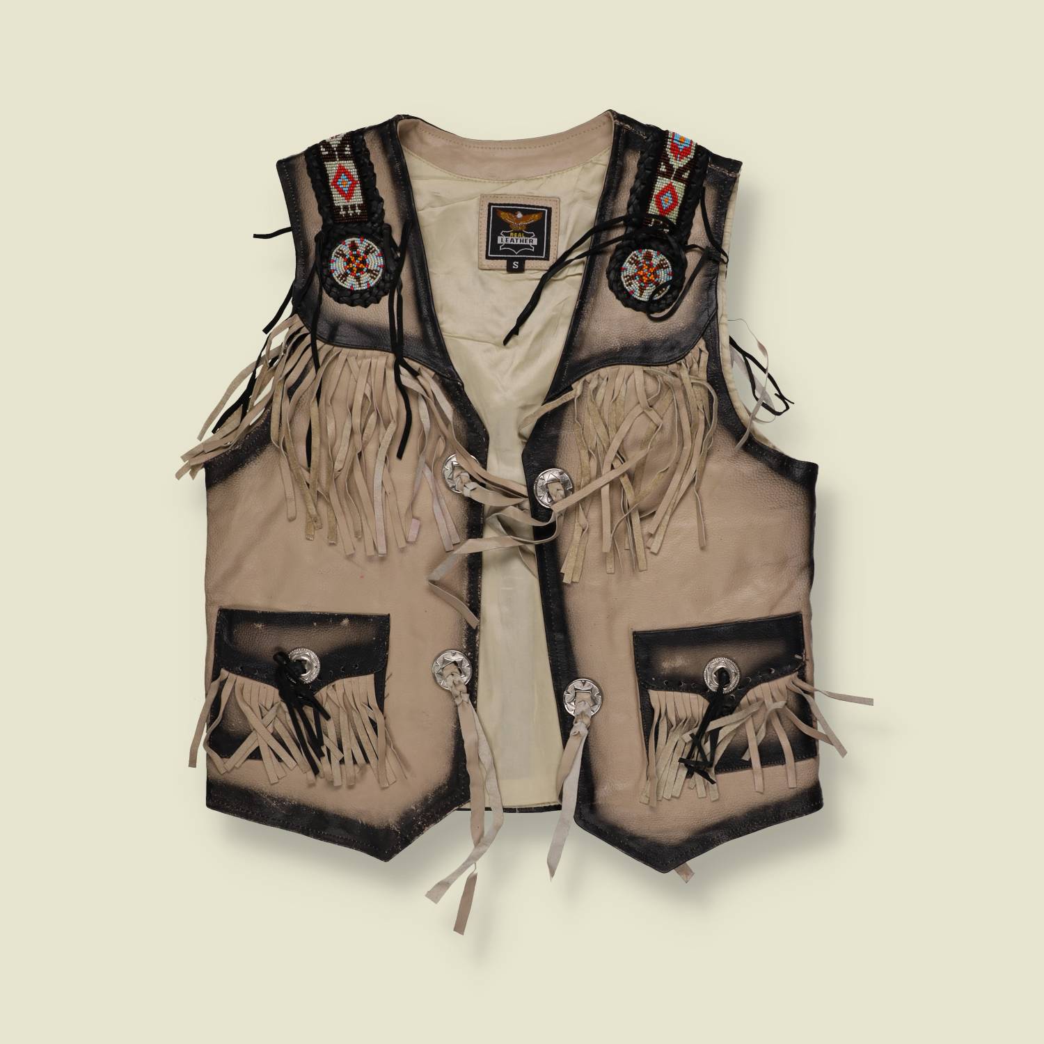 1990s Eagle Leather Fringe Vest with Beadwork – Western Style - S