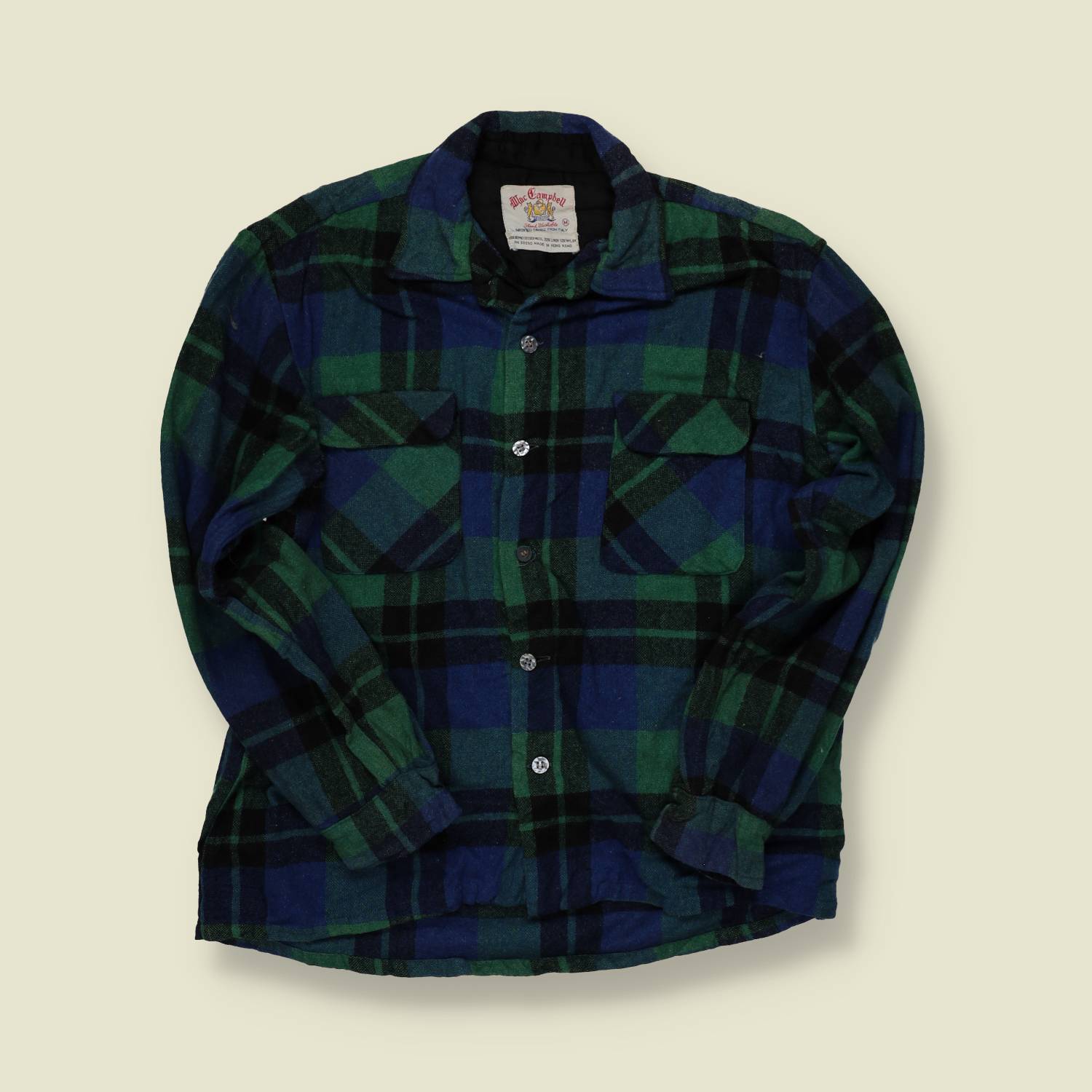 1960s Mac Campbell Wool Flannel Shirt – Green & Blue Plaid - S