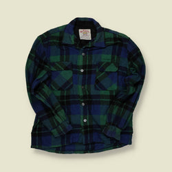 1960s Mac Campbell Wool Flannel Shirt – Green & Blue Plaid - S