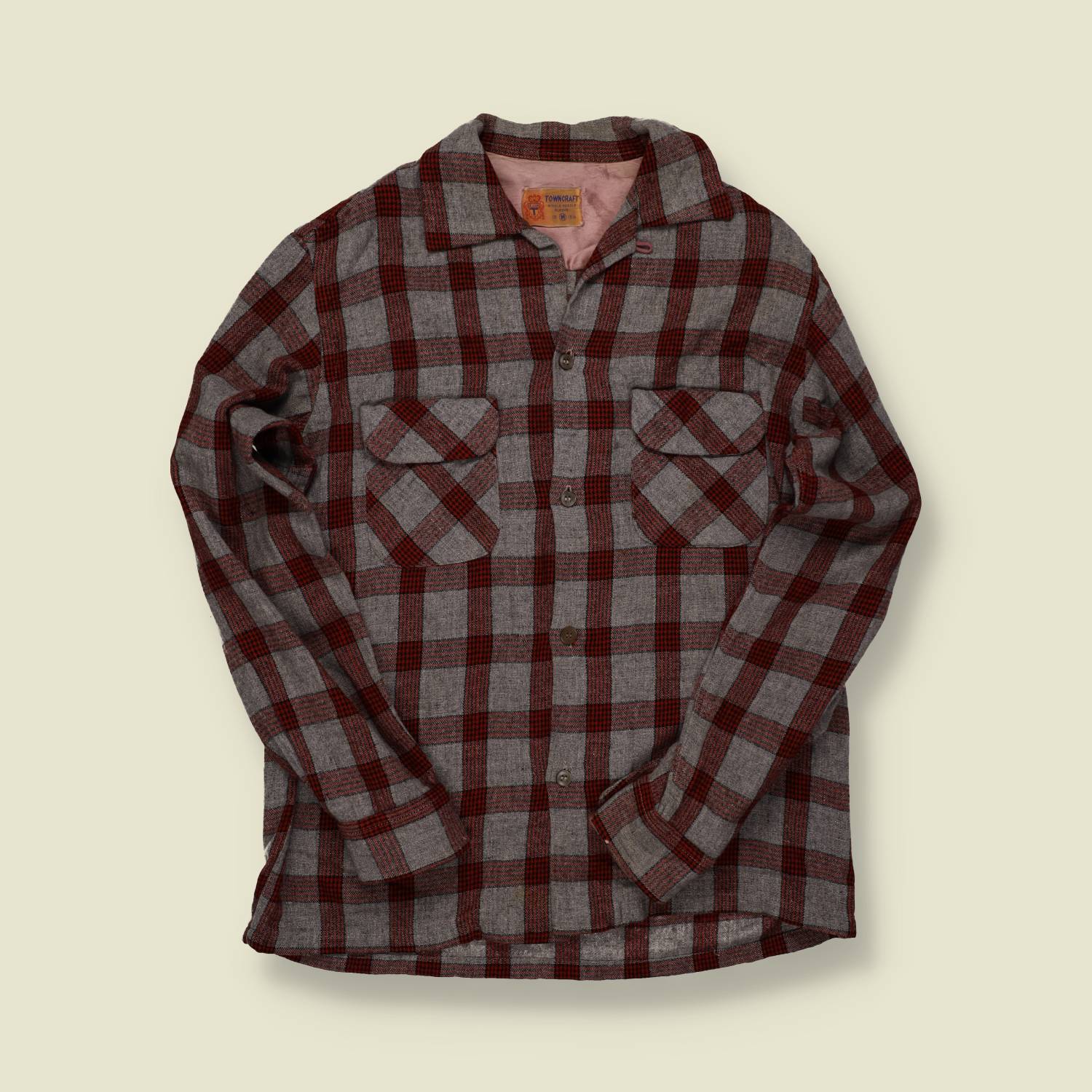 1950s Towncraft Wool Flannel Shirt – Grey & Red Plaid, Loop Collar - S/M