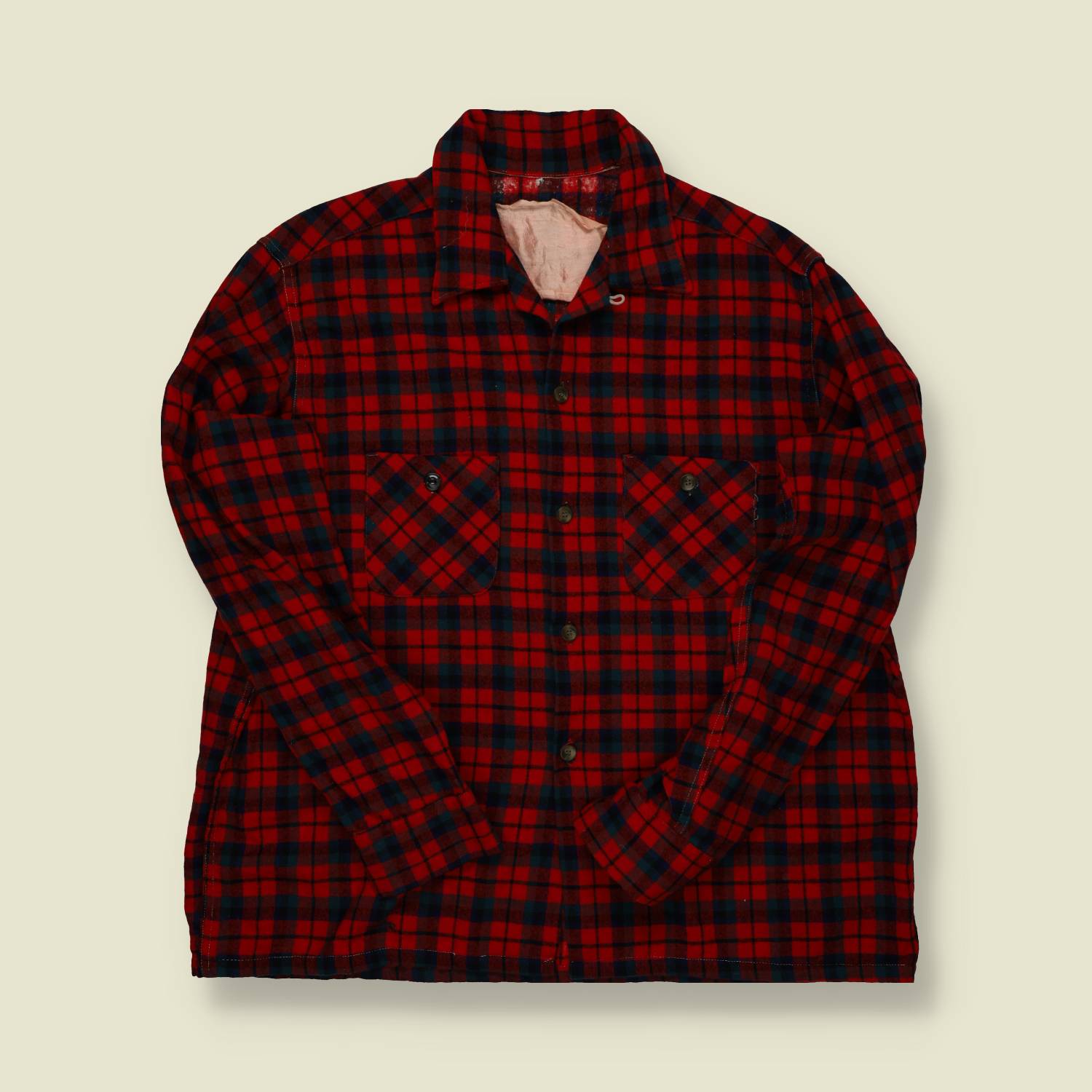 1950s–60s Wool Flannel Shirt – Red & Black Plaid, Loop Collar - L