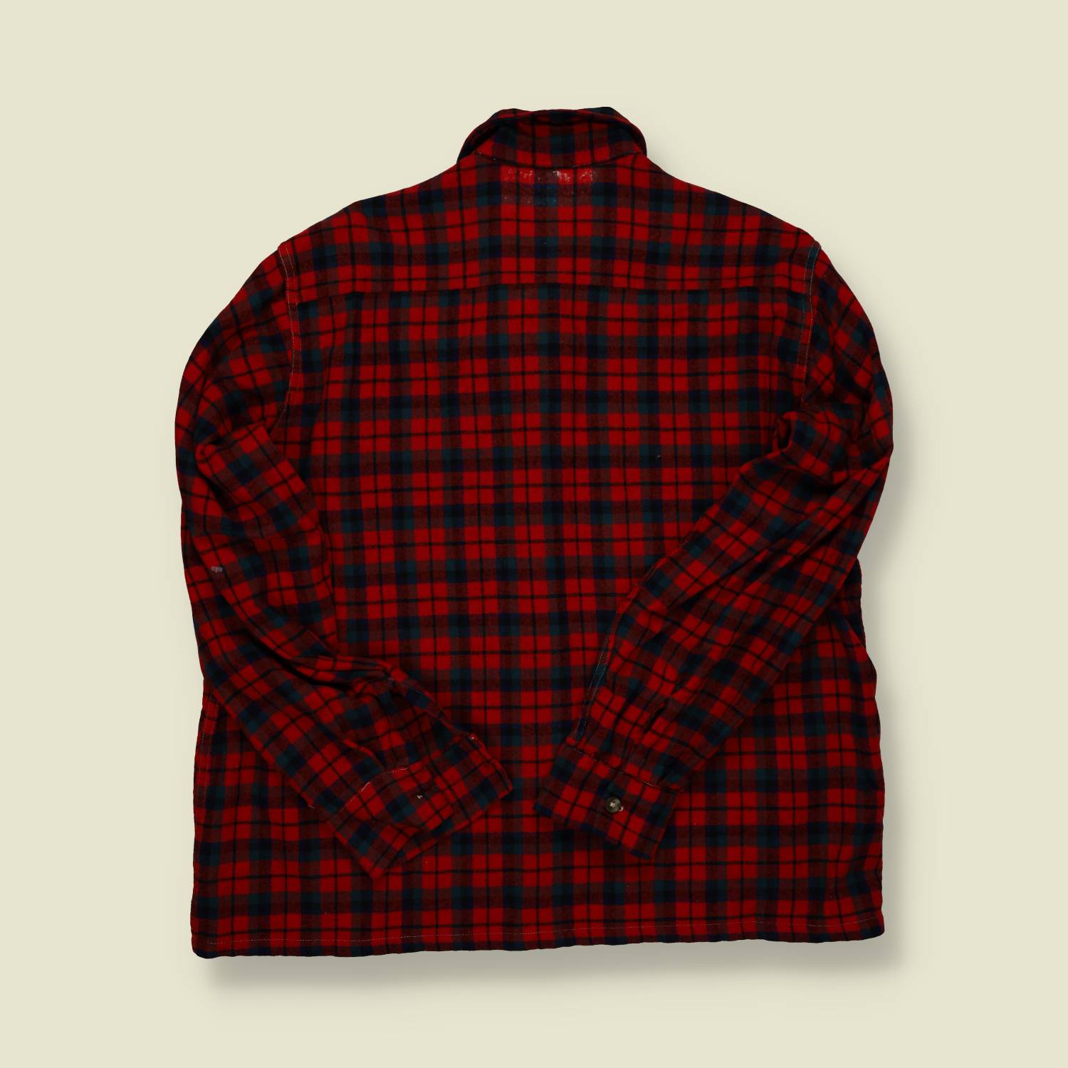1950s–60s Wool Flannel Shirt – Red & Black Plaid, Loop Collar - L