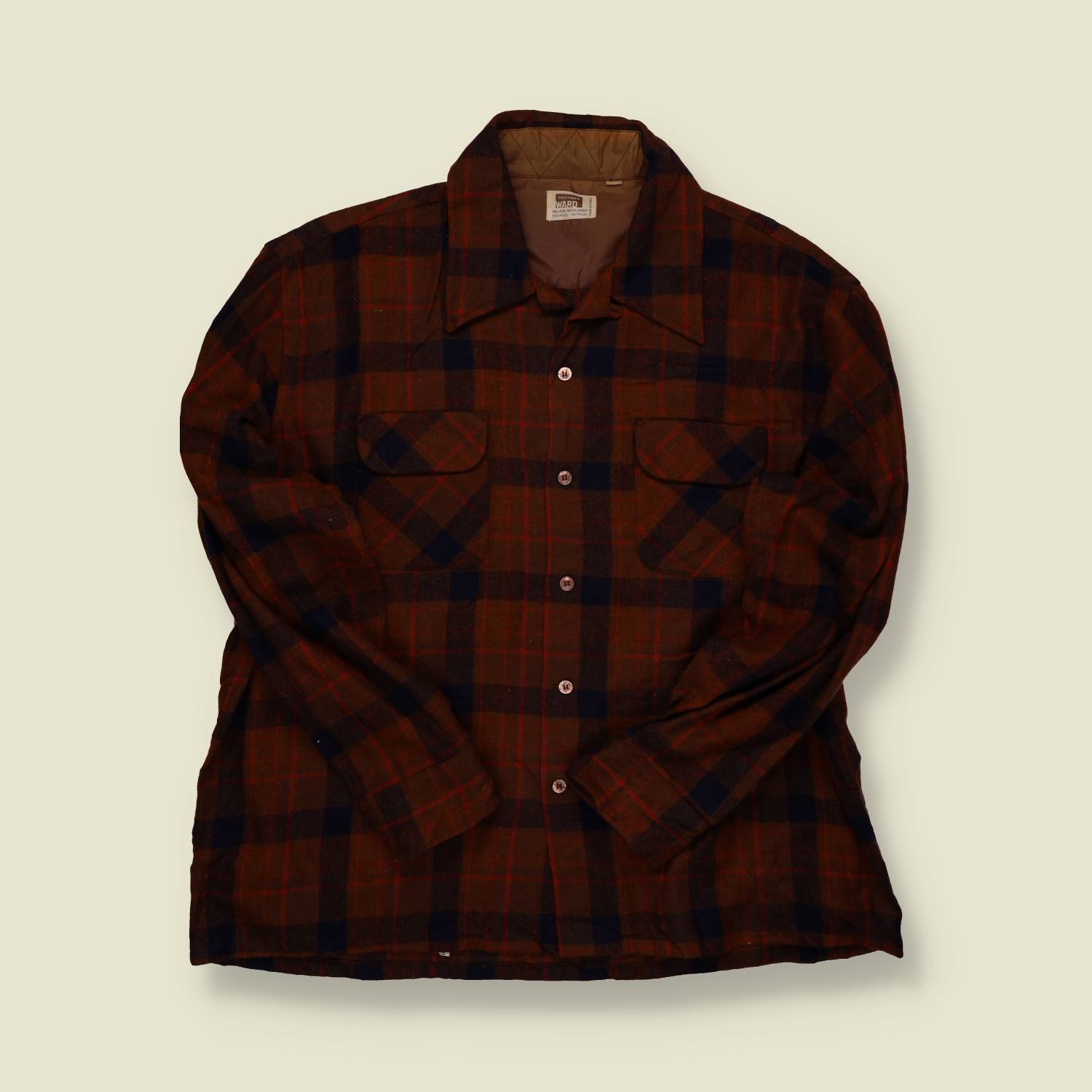 1970s Montgomery Ward Wool Flannel Shirt – Brown & Navy Plaid - L/XL