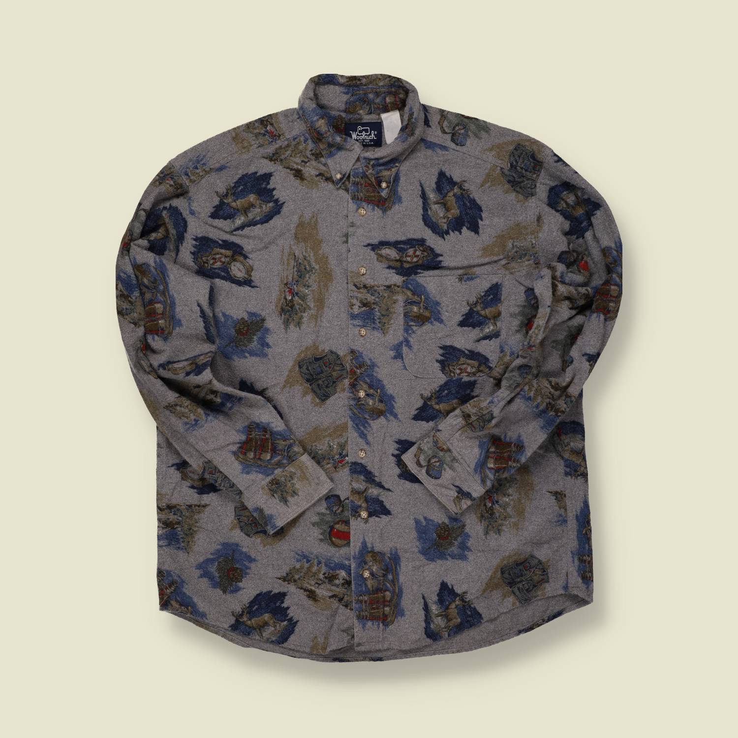 1980s Woolrich USA Grey Scenic Print Flannel Shirt - L