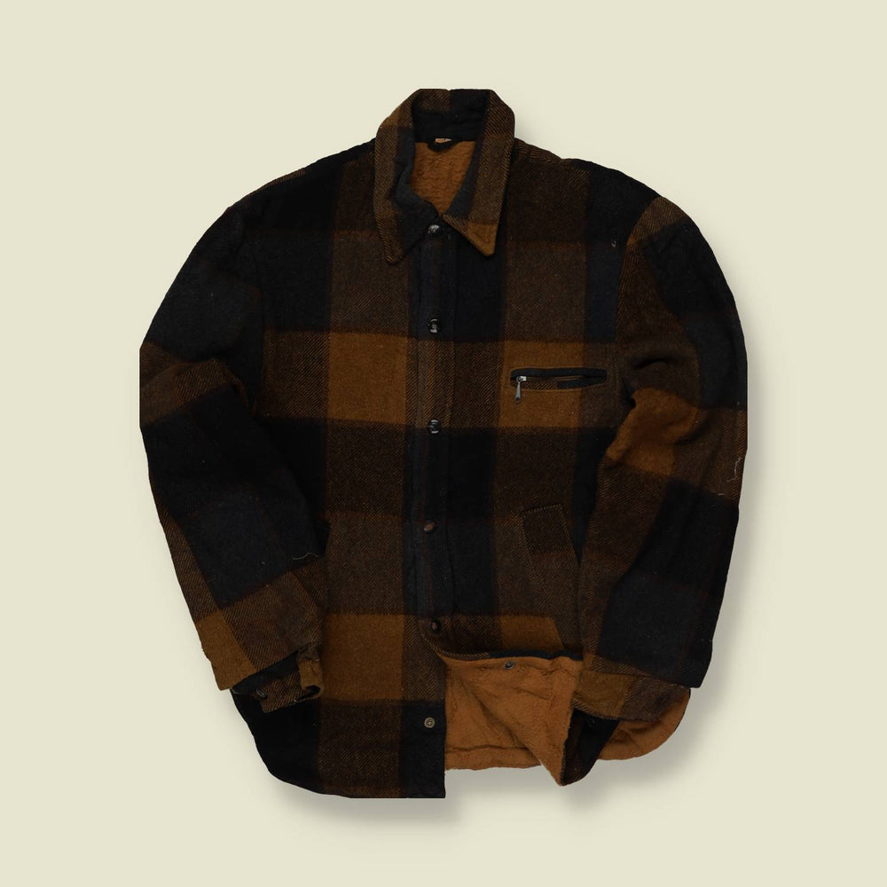 1940s/50s Brown & Black Buffalo Plaid Wool Work Jacket - M/L