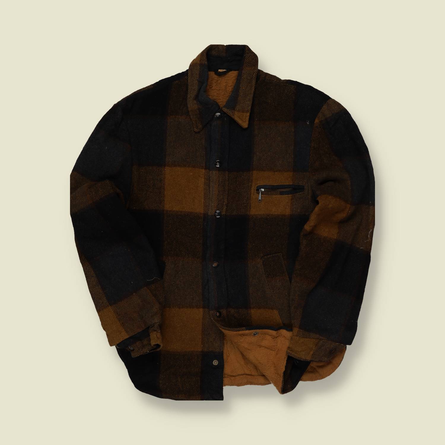 1940s/50s Brown & Black Buffalo Plaid Wool Work Jacket - M/L