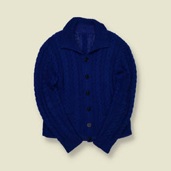 1970s | Hand Knit | Cable Knit Wool Cardigan – Blue - XS/S