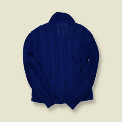 1970s | Hand Knit | Cable Knit Wool Cardigan – Blue - XS/S