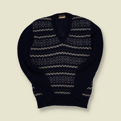 1980s | Carlo Martino | Patterned Wool V-Neck Knit – Black / Grey - XS