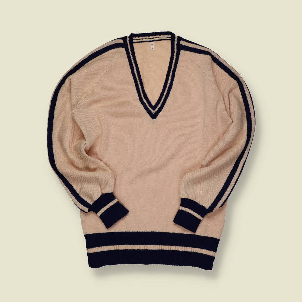 1970s | Unbranded | Striped Wool V-Neck Knit – Cream / Navy - XS/S