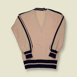1970s | Unbranded | Striped Wool V-Neck Knit – Cream / Navy - XS/S
