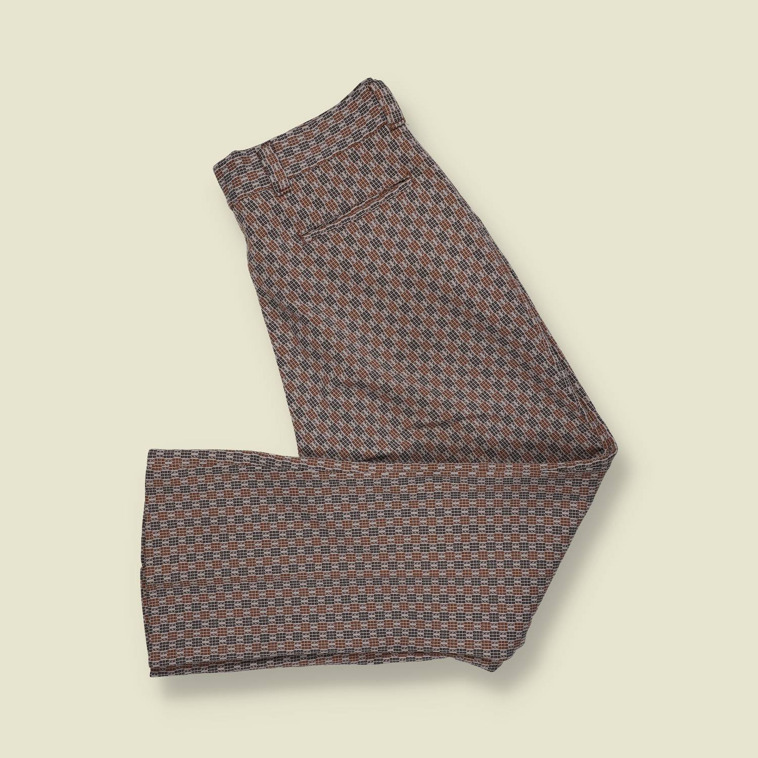 1970s | Unbranded | Patterned Flared Trousers – Brown / Cream - w32