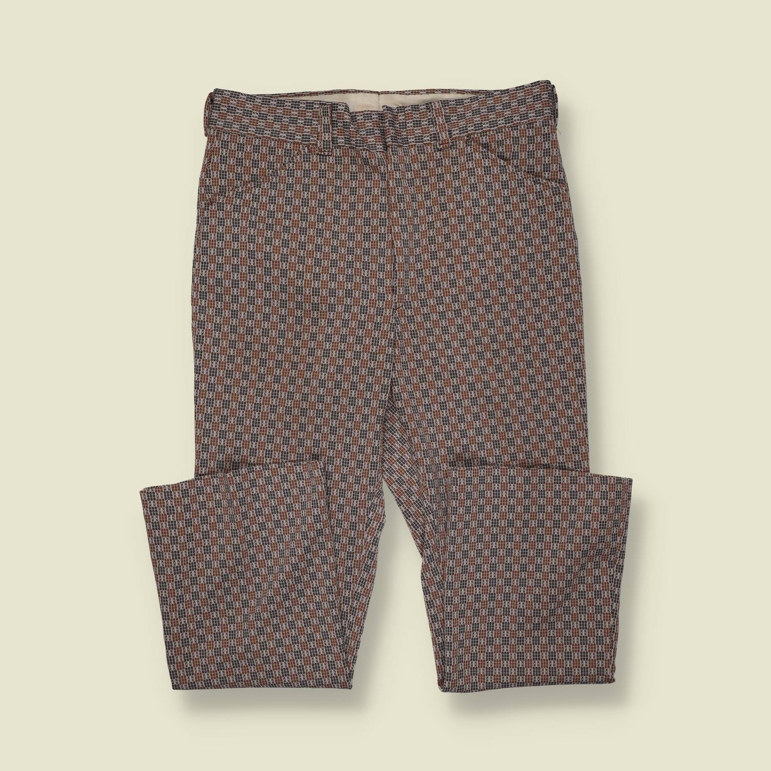 1970s | Unbranded | Patterned Flared Trousers – Brown / Cream - w32