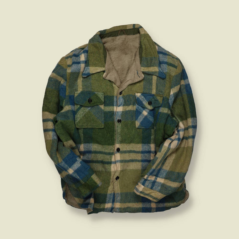 1960s | Teddy Lined | Wool Teddy-Lined Shirt Jacket – Green/Blue Plaid - M