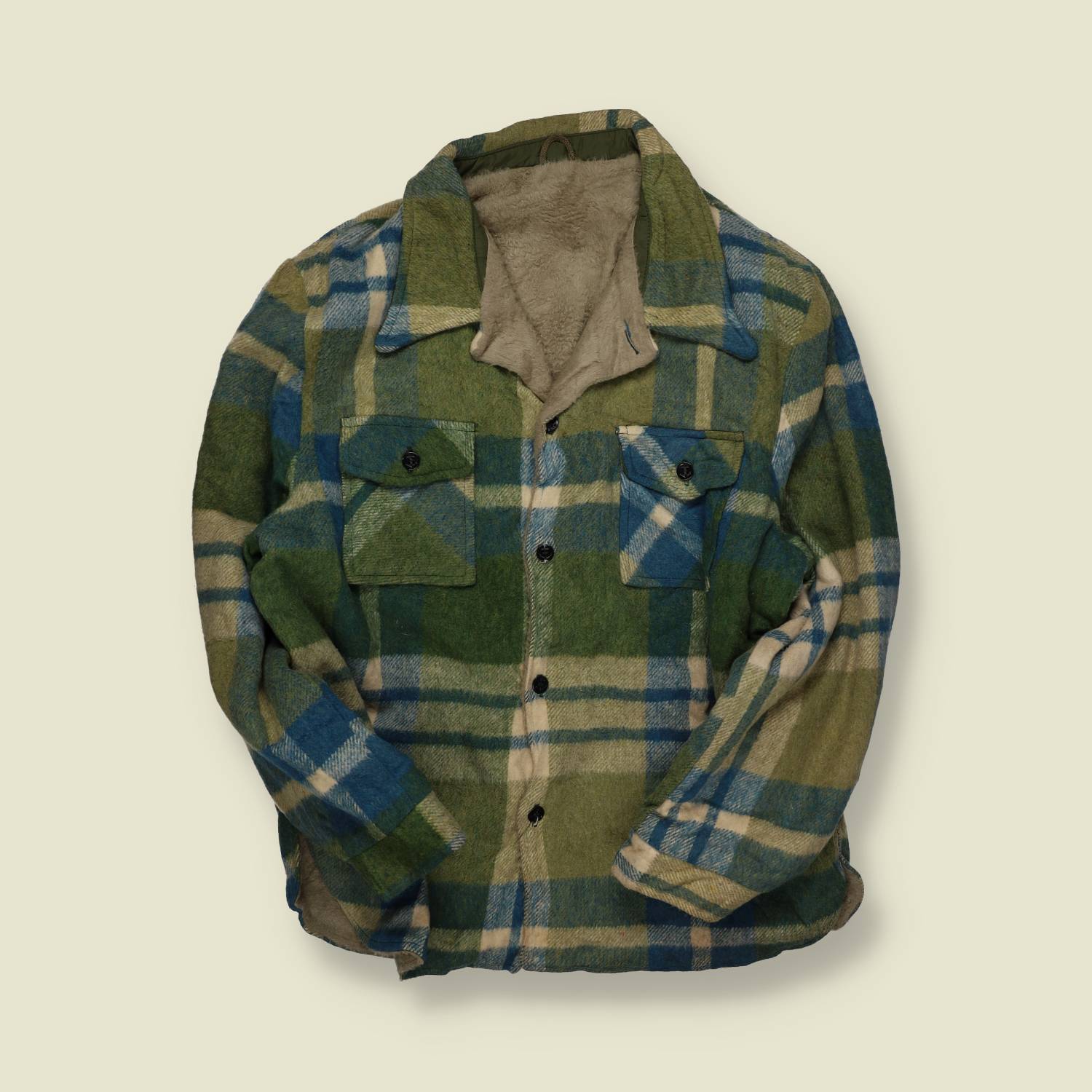 1960s | Teddy Lined | Wool Teddy-Lined Shirt Jacket – Green/Blue Plaid - M