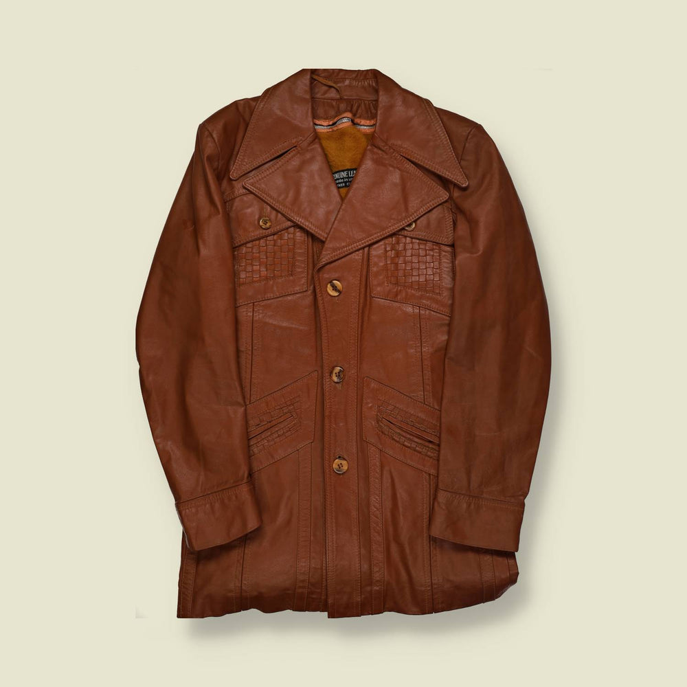 1970s | Unbranded | Leather Car Coat – Tobacco Brown with Woven Panels - XS