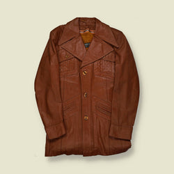 1970s | Unbranded | Leather Car Coat – Tobacco Brown with Woven Panels - XS