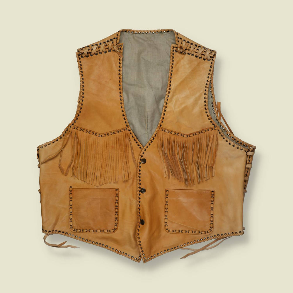 1970s | Unbranded | Heavy Leather Fringe Waistcoat – Tan - XL
