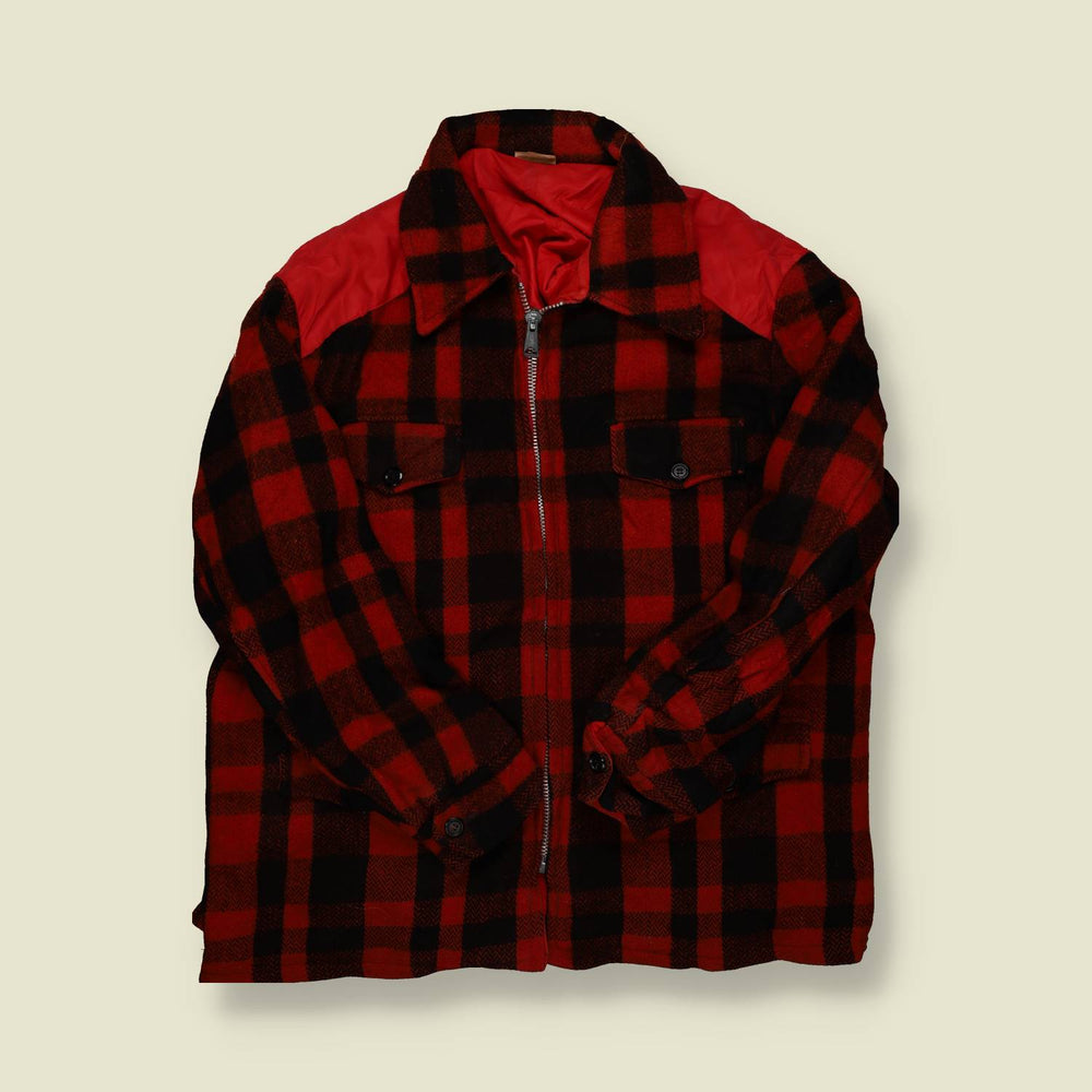 1960s | Unbranded | Buffalo Plaid Wool Zip Jacket – Red/Black - 3XL