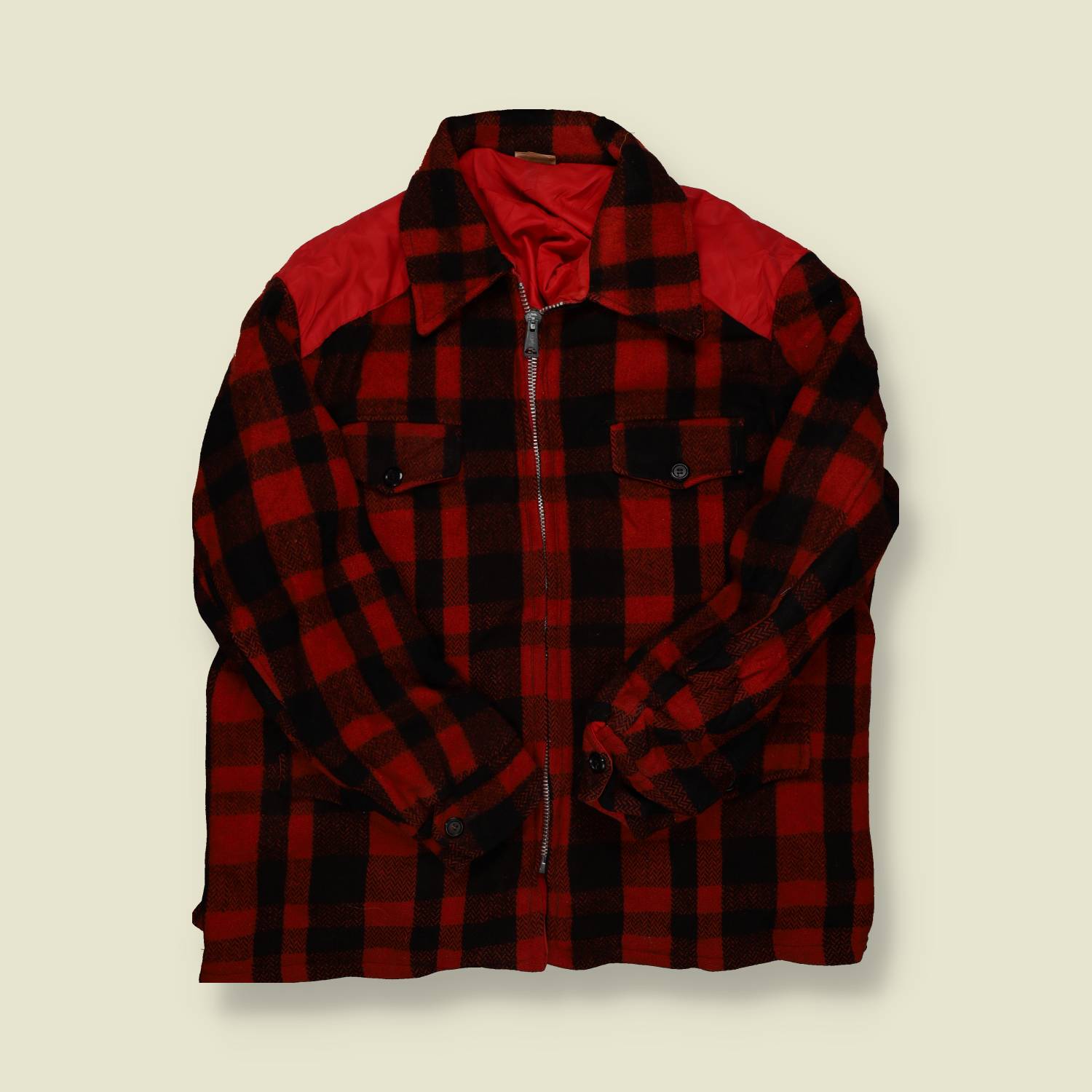 1960s | Unbranded | Buffalo Plaid Wool Zip Jacket – Red/Black - XL