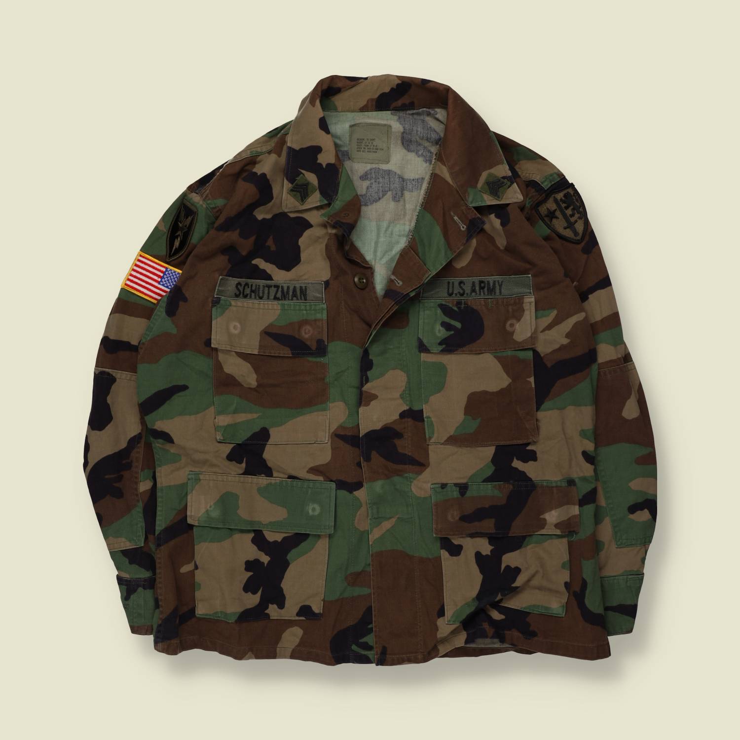 1980s–1990s | U.S. Army | Woodland Camouflage BDU Combat Shirt - L