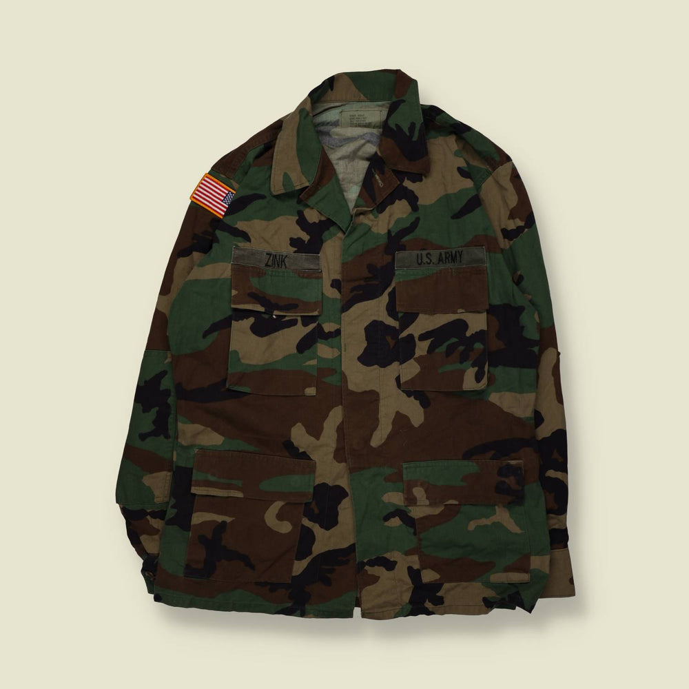 1980s–1990s | U.S. Army | Woodland Camouflage BDU Combat Shirt - L