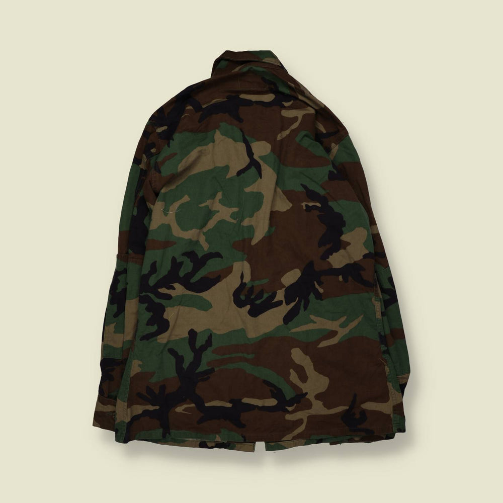 1980s–1990s | U.S. Army | Woodland Camouflage BDU Combat Shirt - L