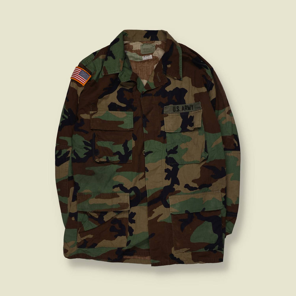 1980s–1990s | U.S. Army | Woodland Camouflage BDU Combat Shirt - L