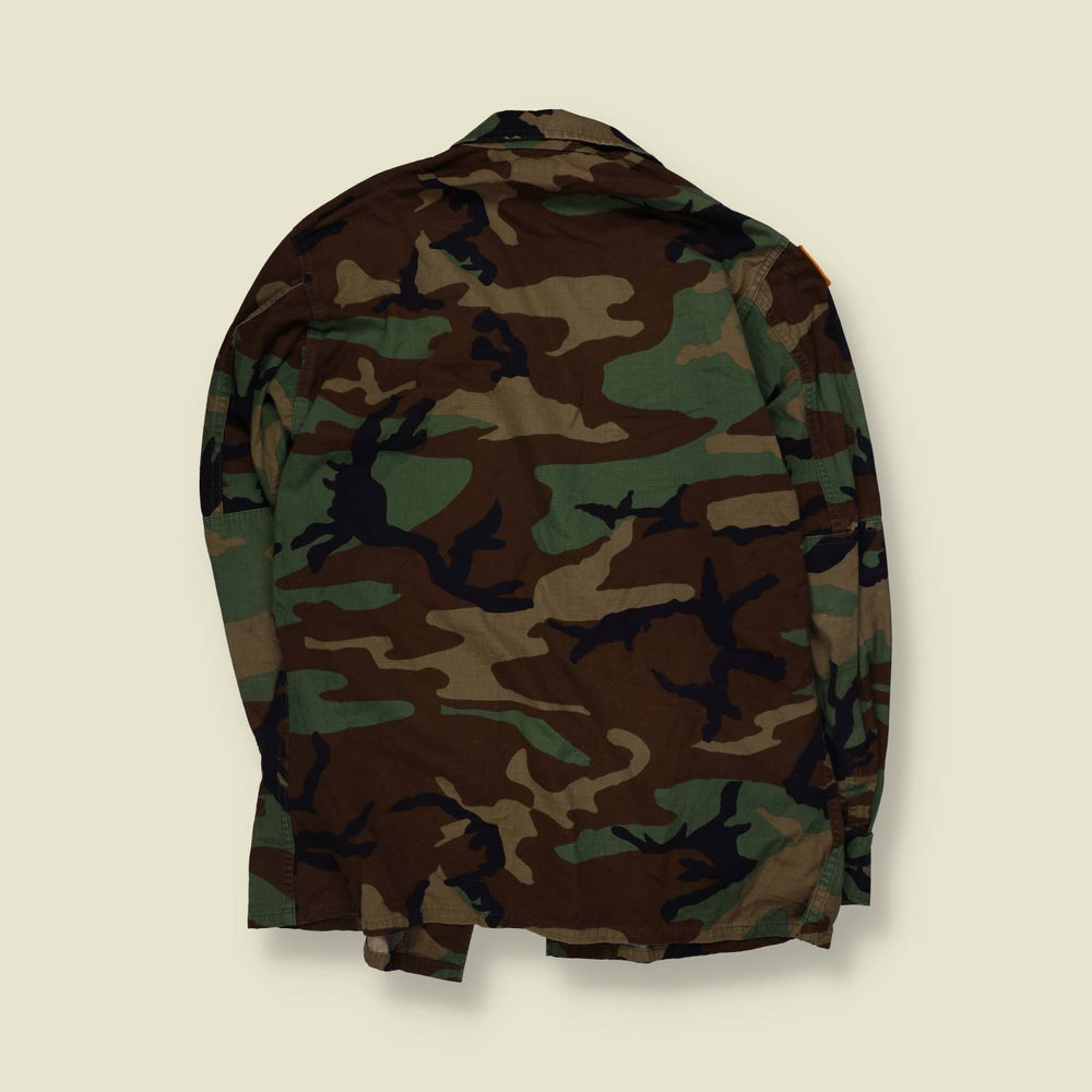 1980s–1990s | U.S. Army | Woodland Camouflage BDU Combat Shirt - L