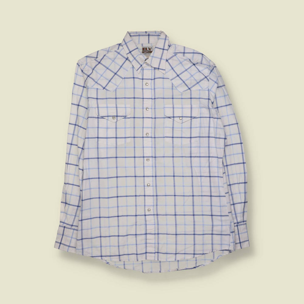 1980s | Ely | Western Shirt | White And Blue Check - L