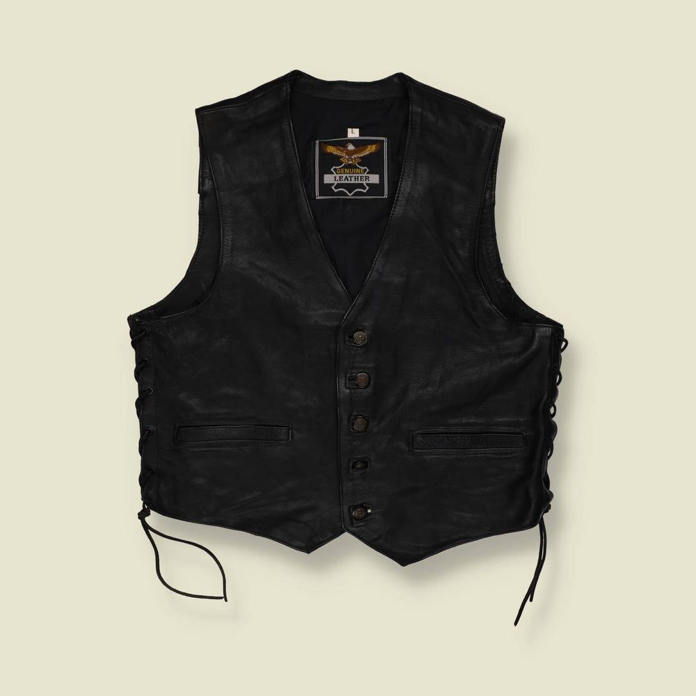 1980s | Genuine Leather | Heavy Leather Gilet | Black - L