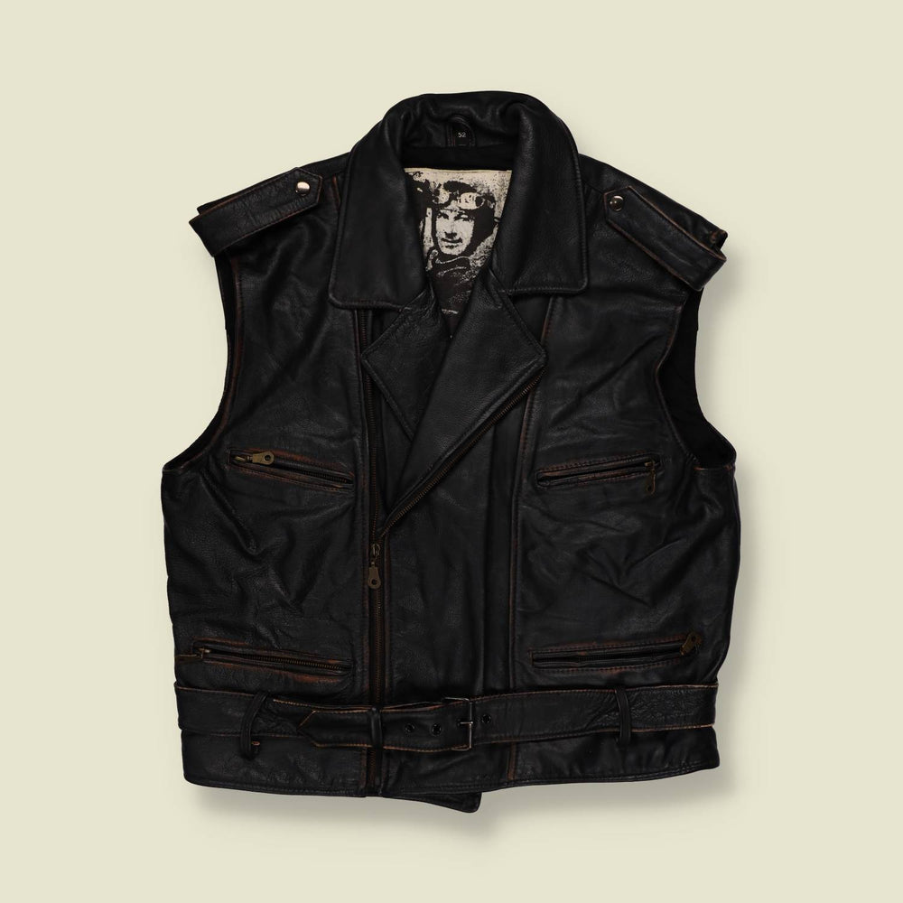 1980s | The Flying Jackets | Sleeveless Biker Leather Jacket | Black - XL