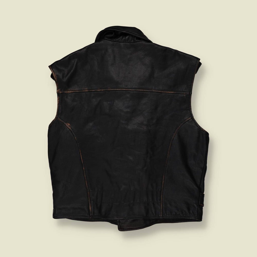 1980s | The Flying Jackets | Sleeveless Biker Leather Jacket | Black - XL