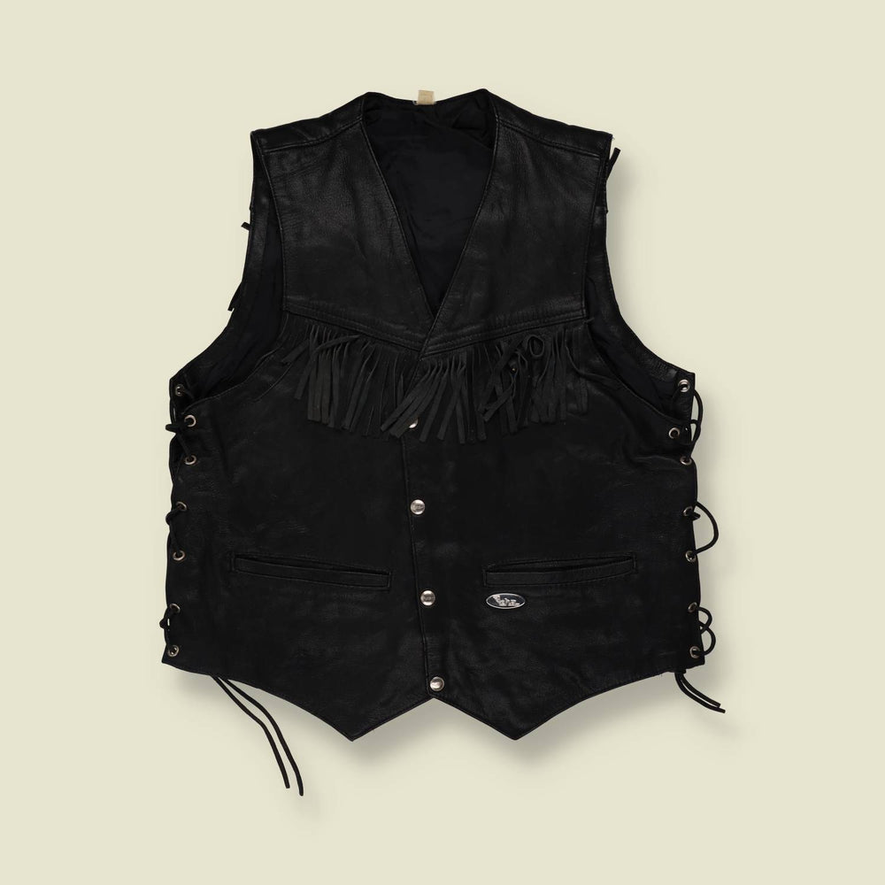 1980s | Feha | Fringed Leather Gilet | Black - M