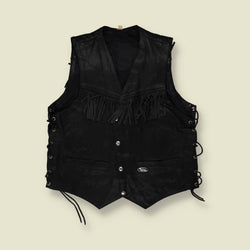 1980s | Feha | Fringed Leather Gilet | Black - M