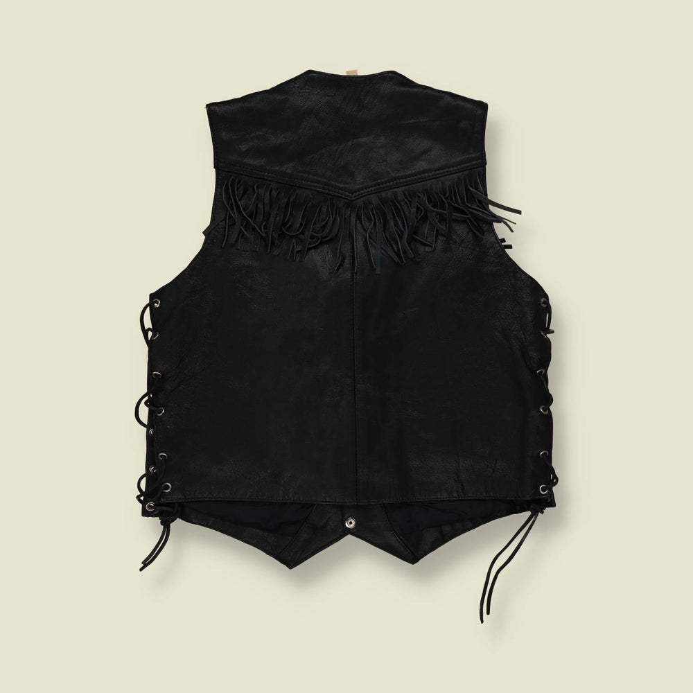 1980s | Feha | Fringed Leather Gilet | Black - M