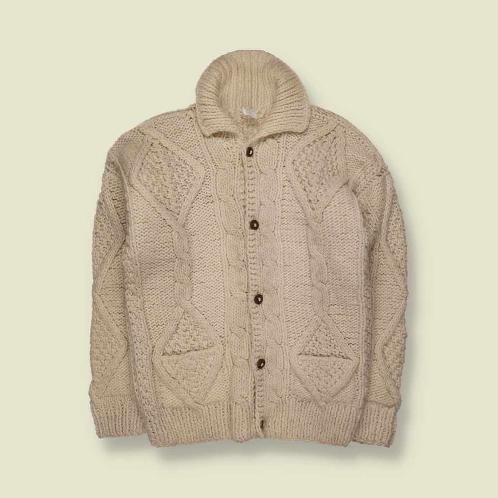 1980s | Hand Knit Wool Cable Knit Cardigan | Cream - S