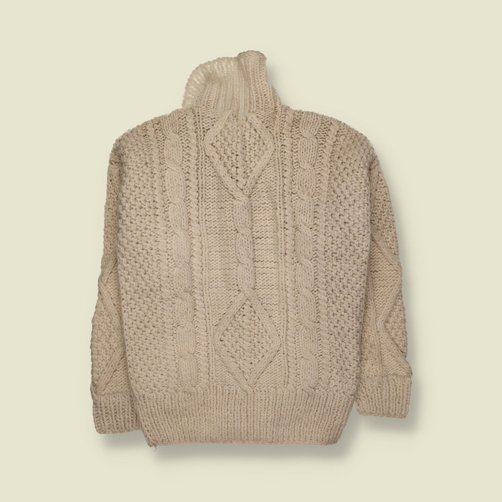 1980s | Hand Knit Wool Cable Knit Cardigan | Cream - S