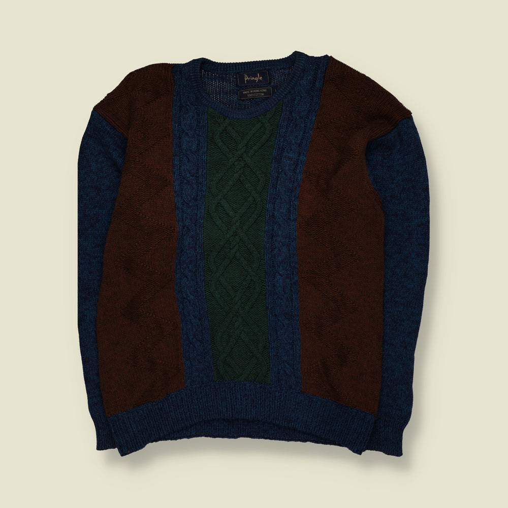 1980s | Pringle | Cable Knit Cotton Jumper | Navy, Brown & Green - XL