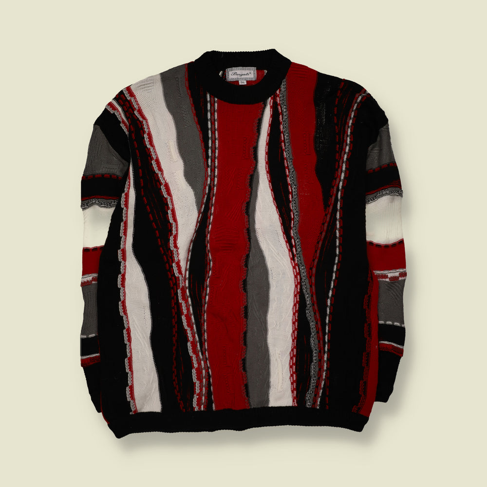 1990s | Bergiat | Coogi Style Abstract Pattern Knit Jumper | Red, Black & White - XL