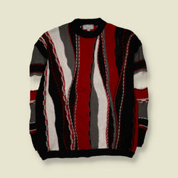 1990s | Bergiat | Coogi Style Abstract Pattern Knit Jumper | Red, Black & White - XL