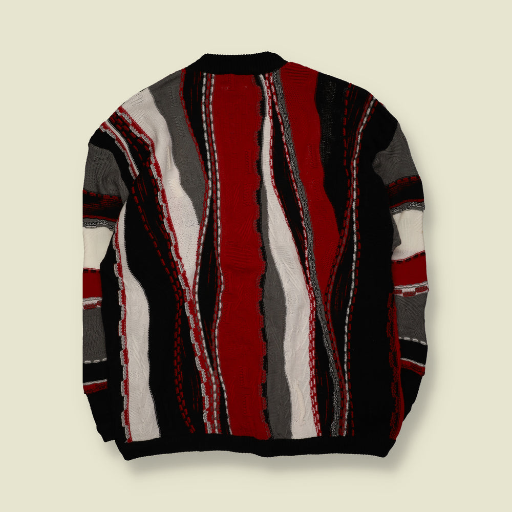 1990s | Bergiat | Coogi Style Abstract Pattern Knit Jumper | Red, Black & White - XL