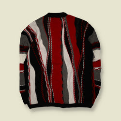 1990s | Bergiat | Coogi Style Abstract Pattern Knit Jumper | Red, Black & White - XL