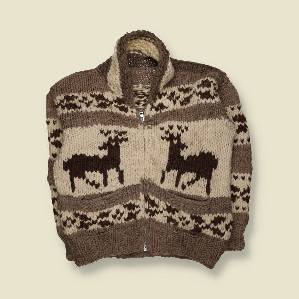 1970s | Cowichan Wool Deer Pattern Zip Cardigan | Brown & Cream - XXL