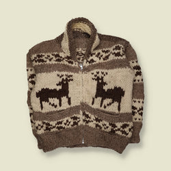 1970s | Cowichan Wool Deer Pattern Zip Cardigan | Brown & Cream - XXL